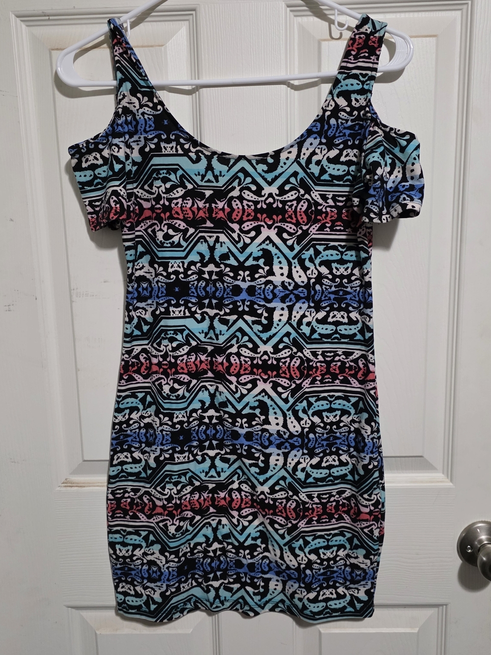 3/20$ Bodycon Dress in Abstract Black, Blue, Teal, Red